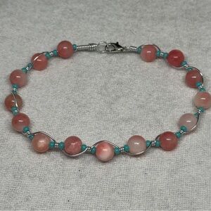 Elegant Pink Jade and Turquoise wire wrapped Bracelet